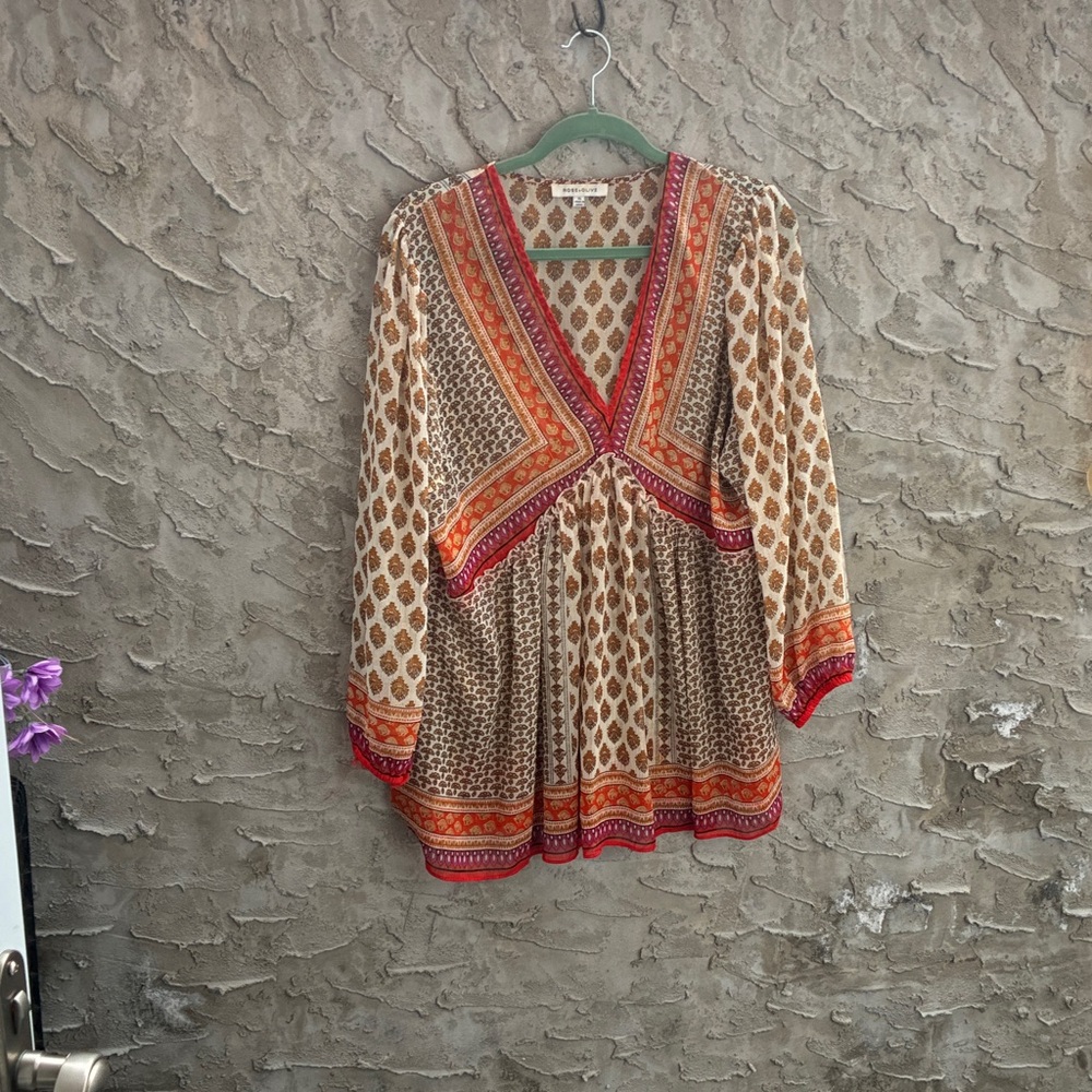 Rose & Olive Boho Mini Dress in Cream, Brown & Red